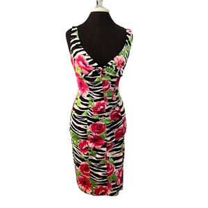 Vintage Cache Floral and Zebra Print Bodycon Wiggle Ruched Dress XS